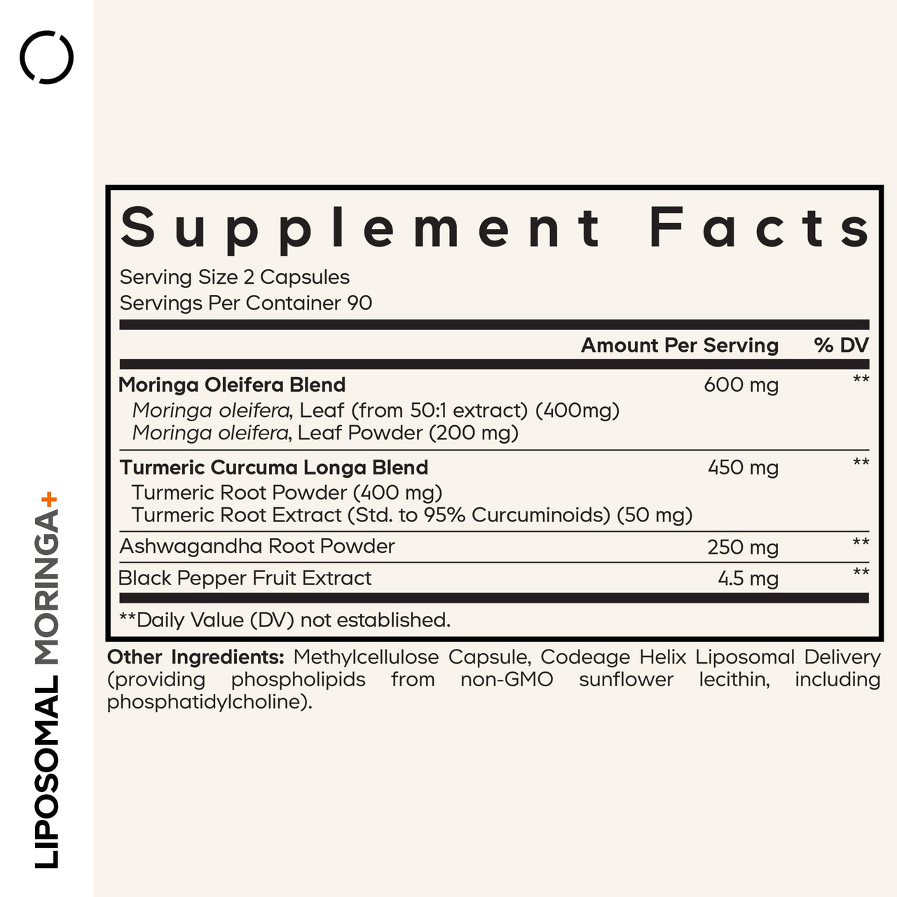 Codeage Liposomal Moringa+ Supplement, 400mg Moringa 50:1 Extract - Turmeric, Ashwagandha, Black Pepper, 3-Month Supply, Vegan Moringa Powder - 180 Capsules