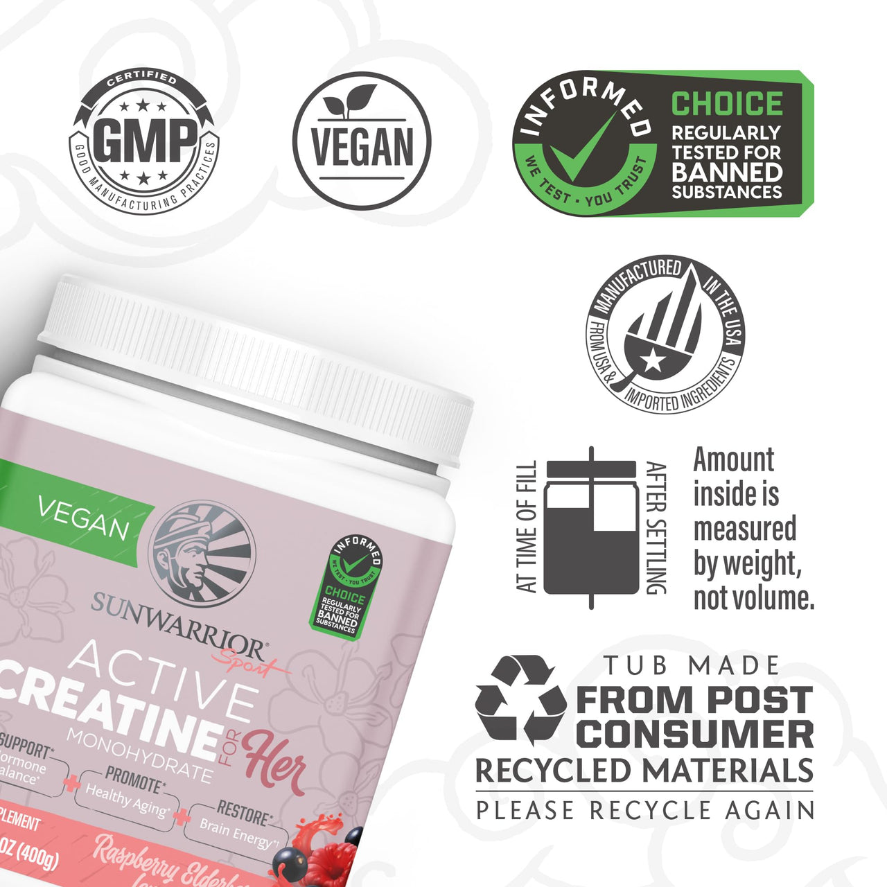 Sunwarrior Creatine for Women Monohydrate Powder Micronized Pre Workout Recovery Supplement Support Muscle Building Strength Training Cognition | Vegan and Easily Mixes 50 Servings, Raspberry Lemonade