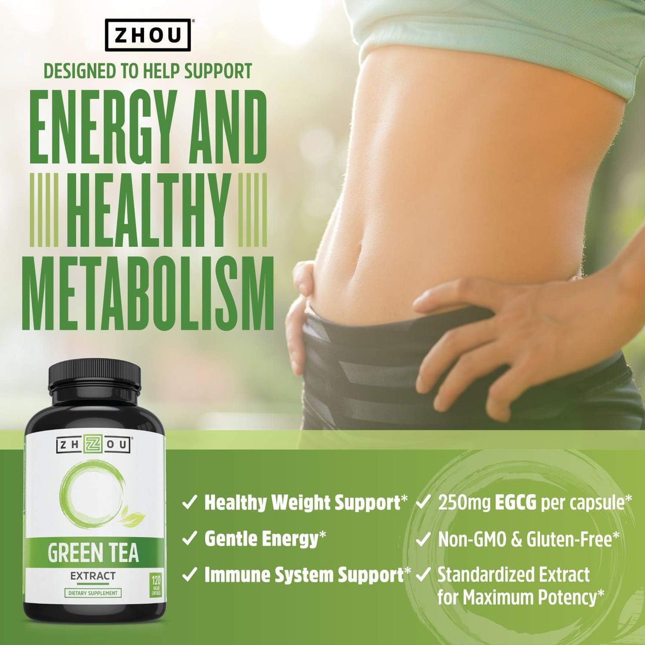 Zhou Green Tea Extract Capsules with EGCG, Natural Energy, Mental Focus, Immune Health, Antioxidant and Heart Support, Non-GMO, Vegan, Gluten Free, 120 Capsules