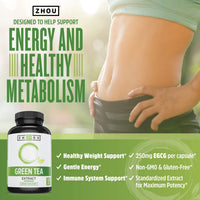 Thumbnail for Zhou Green Tea Extract Capsules with EGCG, Natural Energy, Mental Focus, Immune Health, Antioxidant and Heart Support, Non-GMO, Vegan, Gluten Free, 120 Capsules
