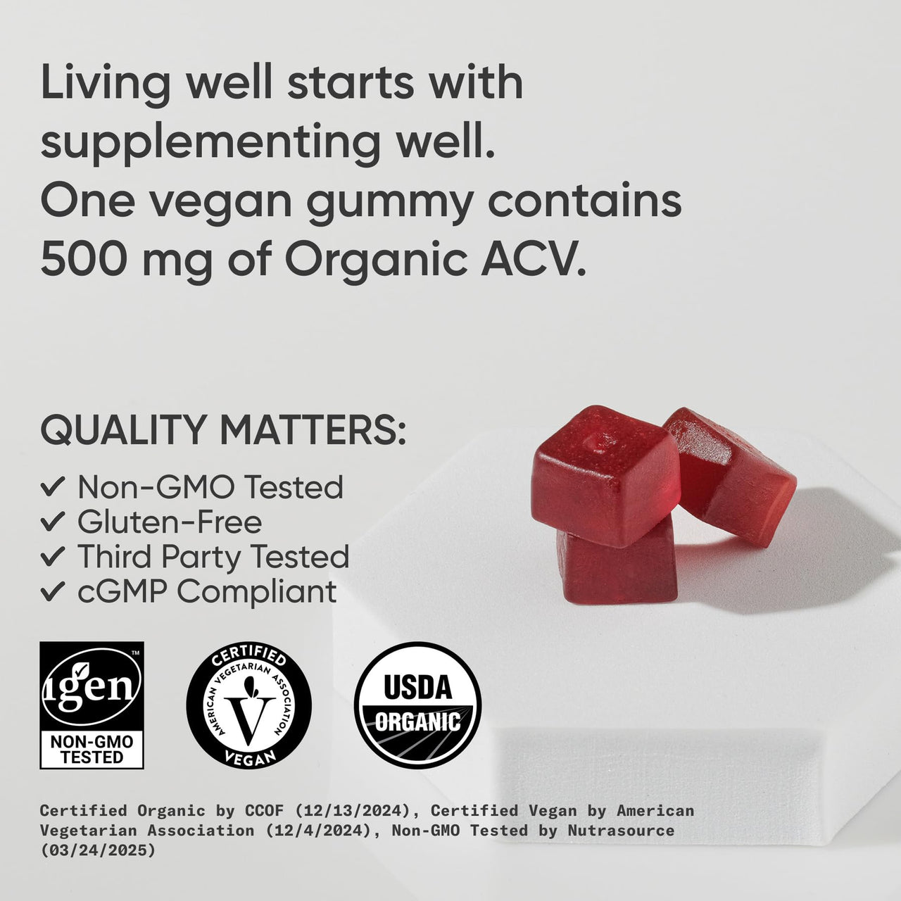 Sports Research® Organic Apple Cider Vinegar Gummies - for Diet Cleanses & Digestion | 500mg | Non-GMO Tested, Certified Vegan, Gluten Free ACV - 60 Gummies for Adults, 1 Month Supply