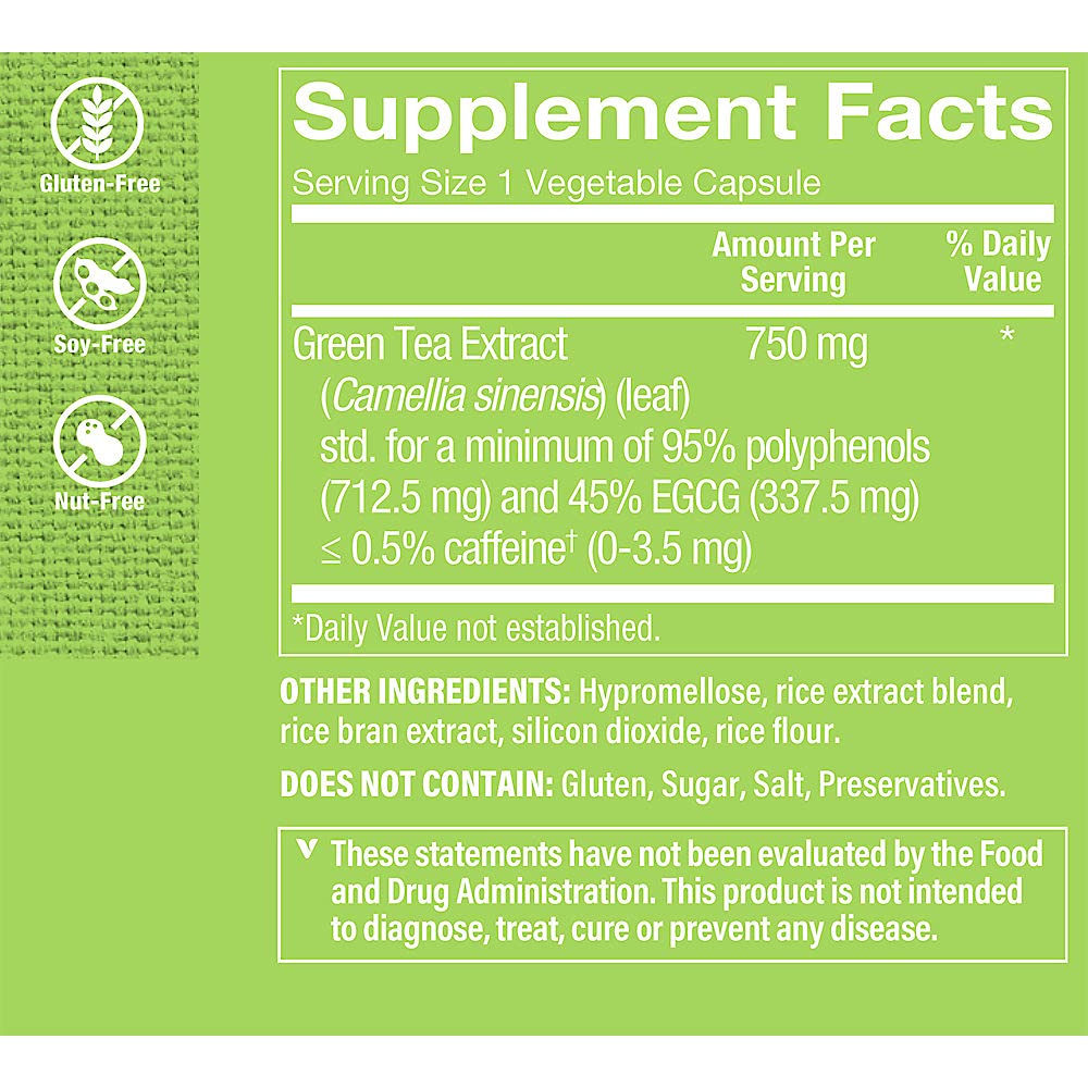 The Vitamin Shoppe Green Tea Extract 750mg - Fat Metabolism & Antioxidant | EGCG Polyphenols Decaf | 200 Veggie Caps | Triple Strength