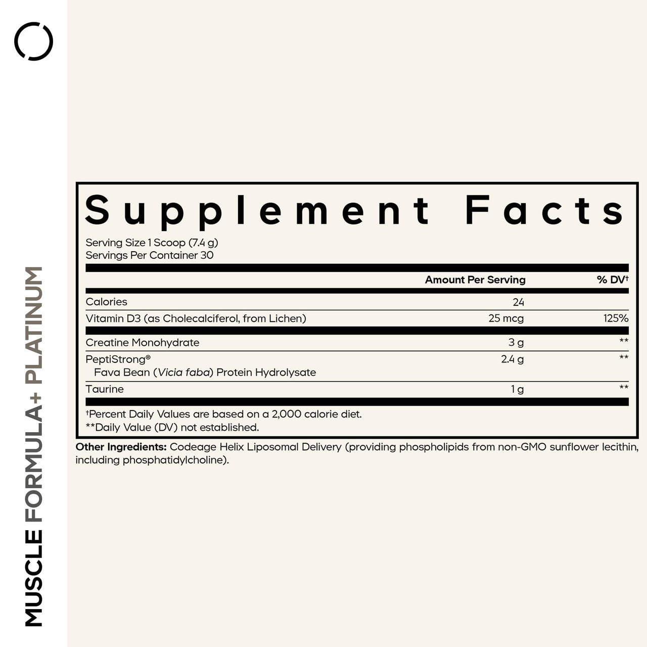 Codeage Muscle Formula+ Platinum Supplement - Creatine Monohydrate, PeptiStrong Fava Bean Protein Hydrolysate, Taurine, Vitamin D3, Liposomal Delivery - Non-GMO - Unflavored Protein Powder - 8.78 Oz