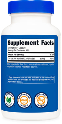 Thumbnail for Nutricost Zinc Chelate 50mg, 120 Vegetarian Capsules - Gluten Free and Non-GMO