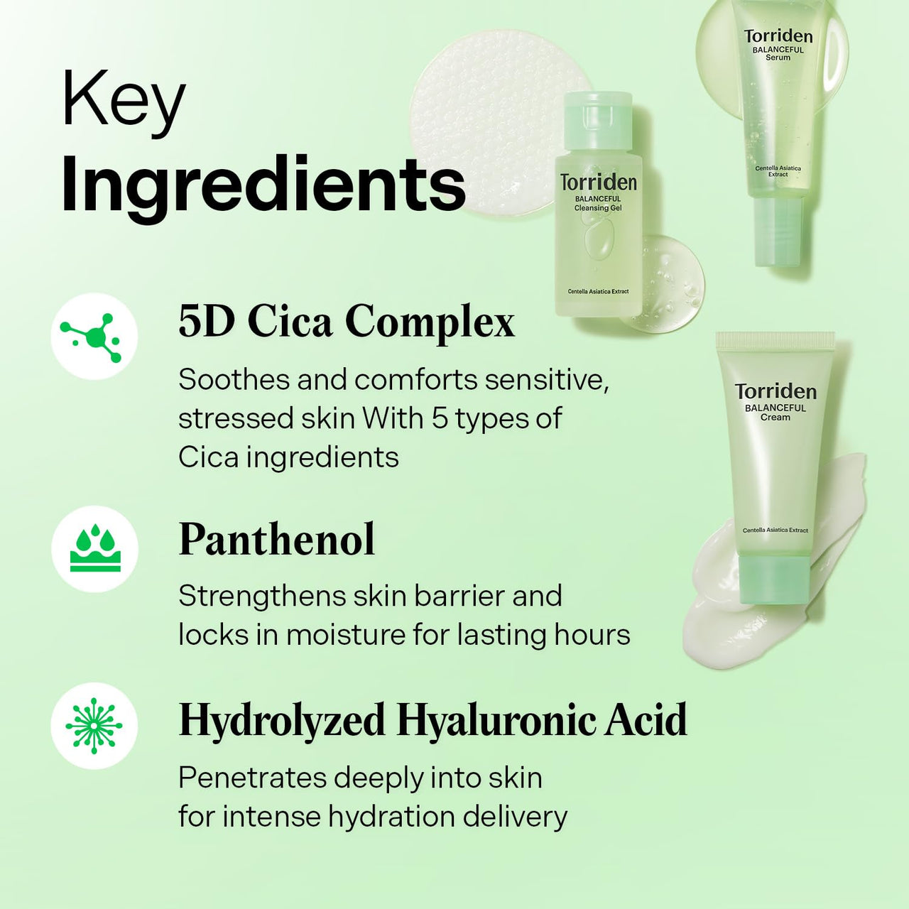 Torriden BALANCEFUL Cica Trial Kit, 5D Cica Infused Daily Skincare Kit - 4 Step Regimen with Cleansing Gel, Toner Pad, Serum, and Cream | Travel Essential | Korean Skin Care Set