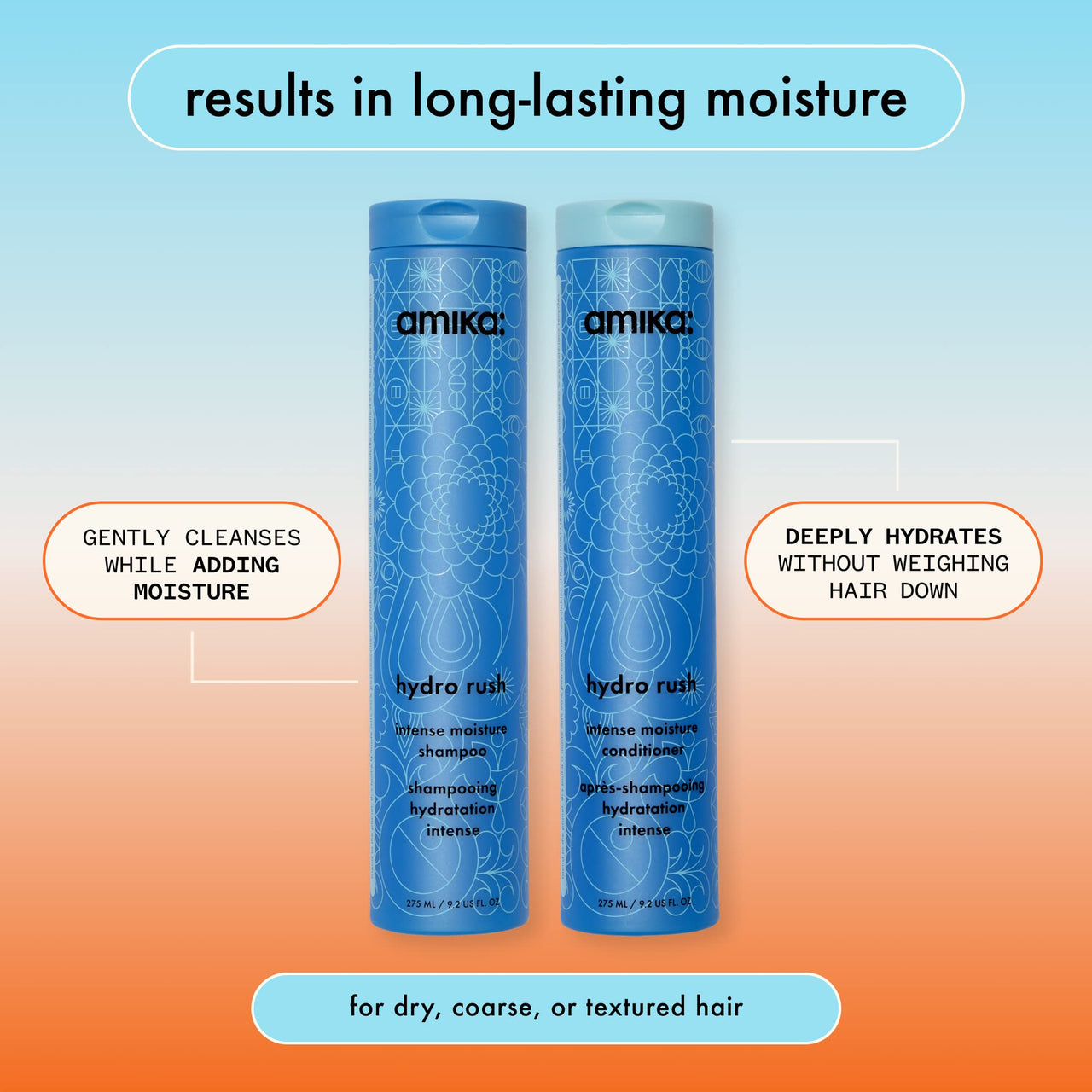 amika hydro rush intense moisture conditioner with hyaluronic acid, 275ml | for dry, textured, or coarse hair types 2a-4c, long-lasting hydration, color-safe, keratin + chemically treated safe