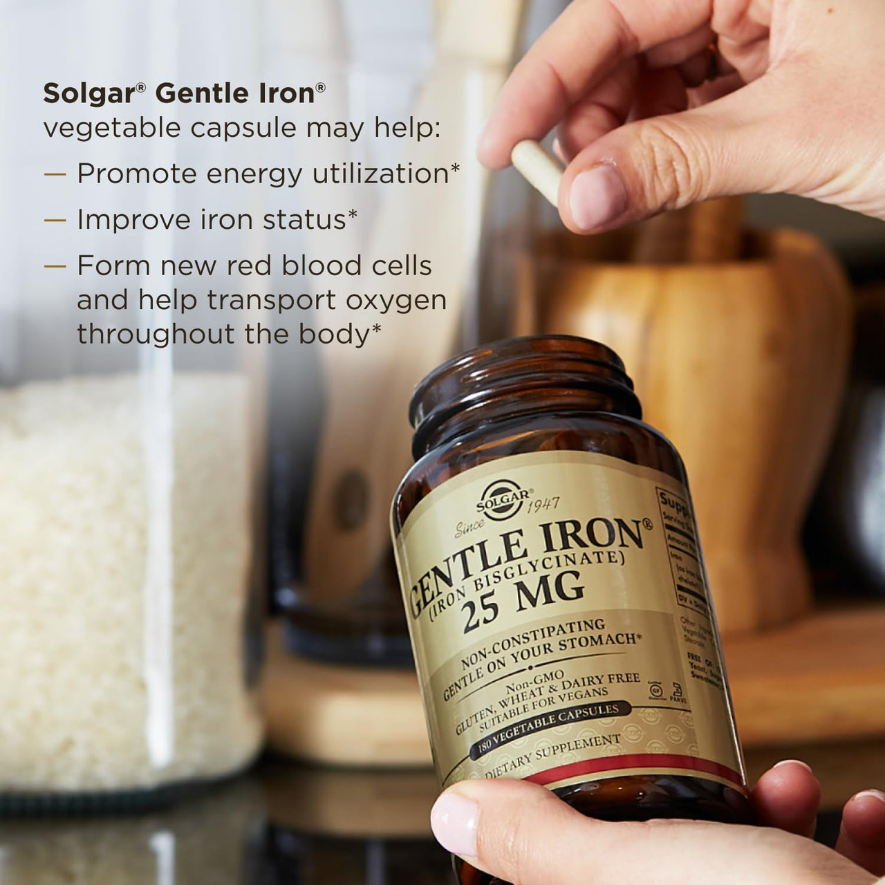 Solgar Gentle Iron 25mg, 90 Vegetable Capsules - Energy, Normal Red Blood Cell Production - Gentle on the Stomach - Non-GMO, Vegan, Gluten Free, Dairy Free, Kosher - 90 Servings