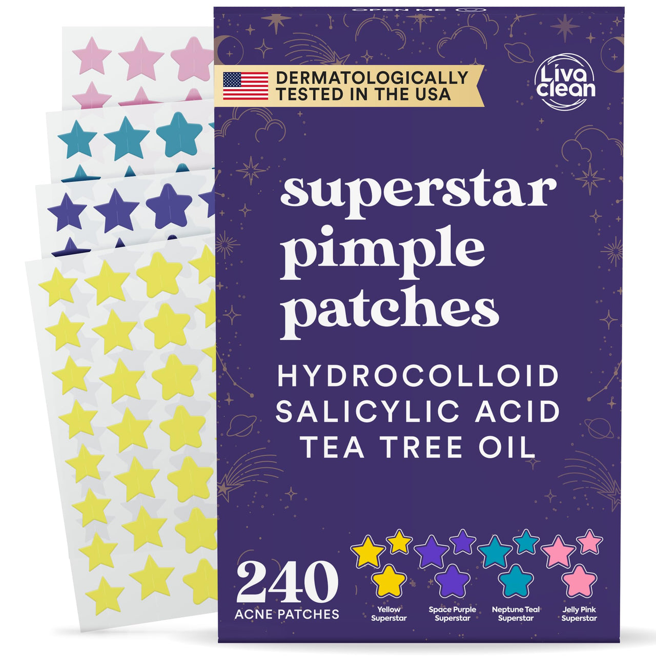 LivaClean Star Pimple Patches for Face w/Hydrocolloid, Salicylic Acid & Tea Tree, 240 Patches, Hydrocolloid Acne Patch, Cute Star Pimple Patch for Healing Stickers Zit Superstar