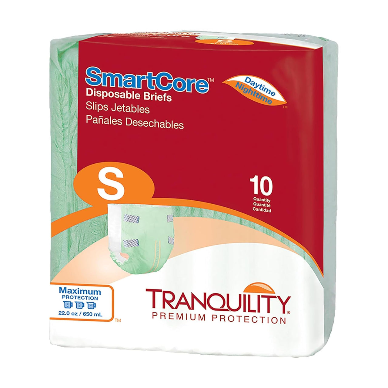 Tranquility SmartCore Adult Disposable Briefs, Incontinence Control with Breathable Kufguard Technology, Fastening Tabs & Wetness Indicator, Latex-Free, Adult Small, 22oz Capacity, 10ct Bag