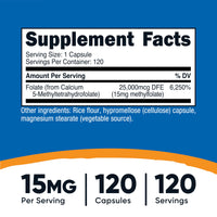 Thumbnail for Nutricost L-Methylfolate 15mg, 120 Capsules (5-MTHF) - Vegan, Non-GMO, Gluten Free