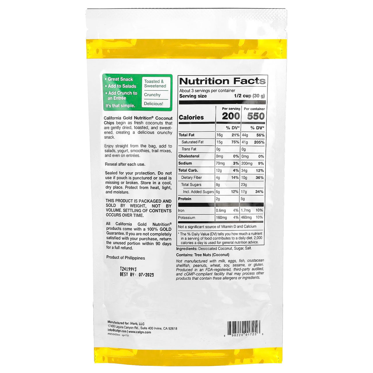 California Gold Nutrition Foods, Toasted Coconut Chips, Refined Sugar, 2.96 oz (84 g)