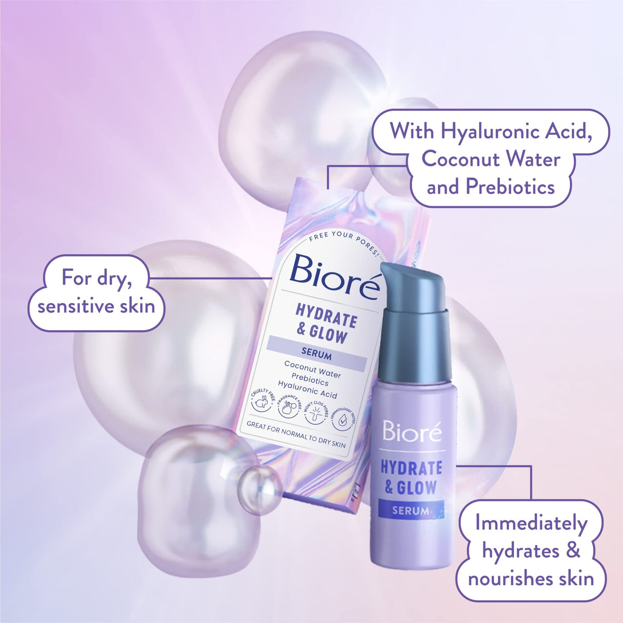Bioré Hydrate & Glow Face Serum for Dry, Sensitive Skin with Hyaluronic Acid, Coconut Water and Prebiotics, Dermatologist Tested Face Serum, Fragrance Free, Not Tested on Animals, 1 oz Bottle
