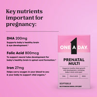 Thumbnail for One A Day Prenatal Vitamins- Folic Acid, Iron, Omega- 3 (DHA), Pregnancy Vitamins for Women, Prenatal Multivitamin for Mom and Baby Support, Pregnancy Must Haves 30 Ct (Packaging May Vary)
