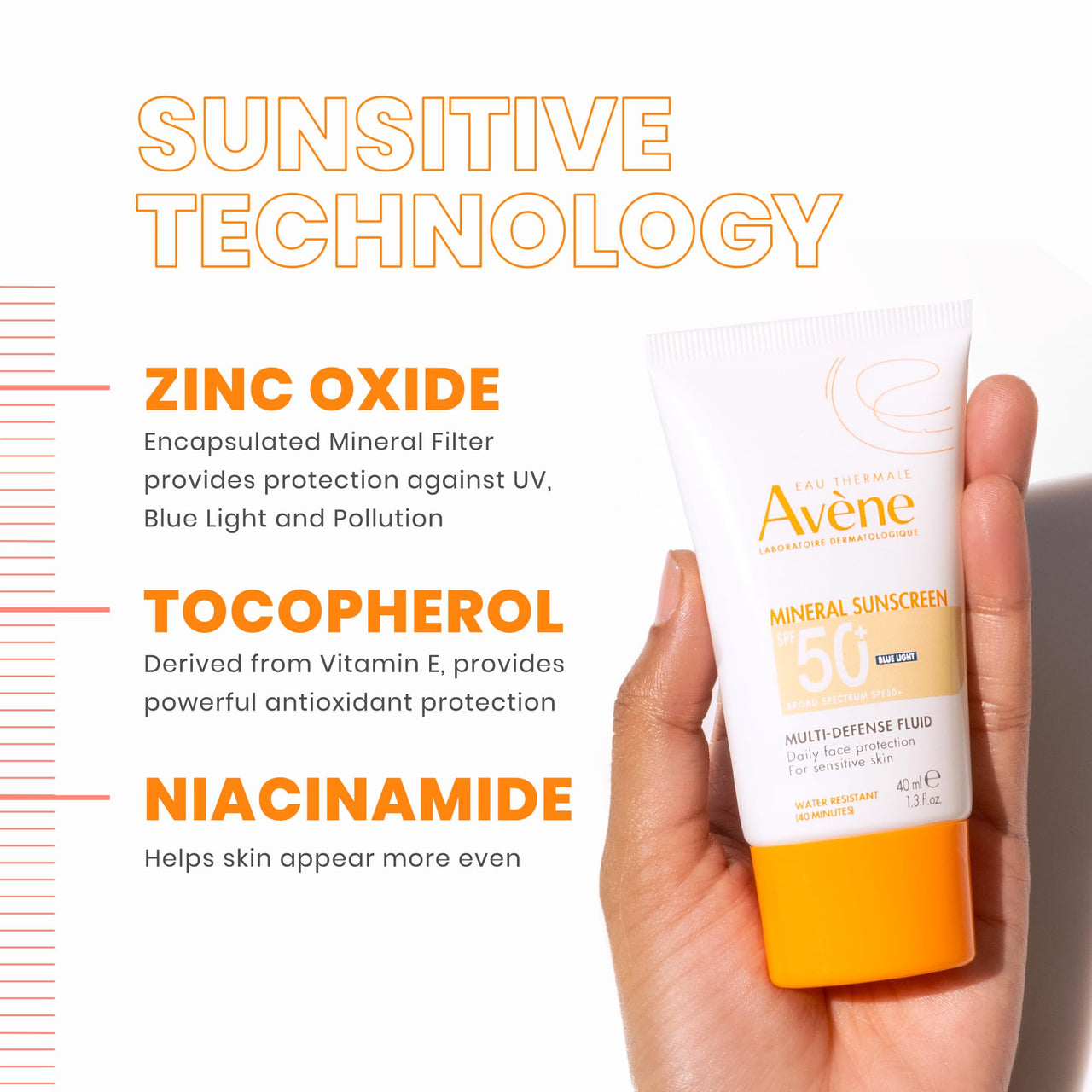 Avène Mineral Sunscreen Multi-Defense Fluid Tinted SPF 50+, Clean Formula Sunscreen for Sensitive Skin, Reef Friendly, Natural Tint, Non-Whitening, Antioxidant Protection, 1.3 Fl Oz