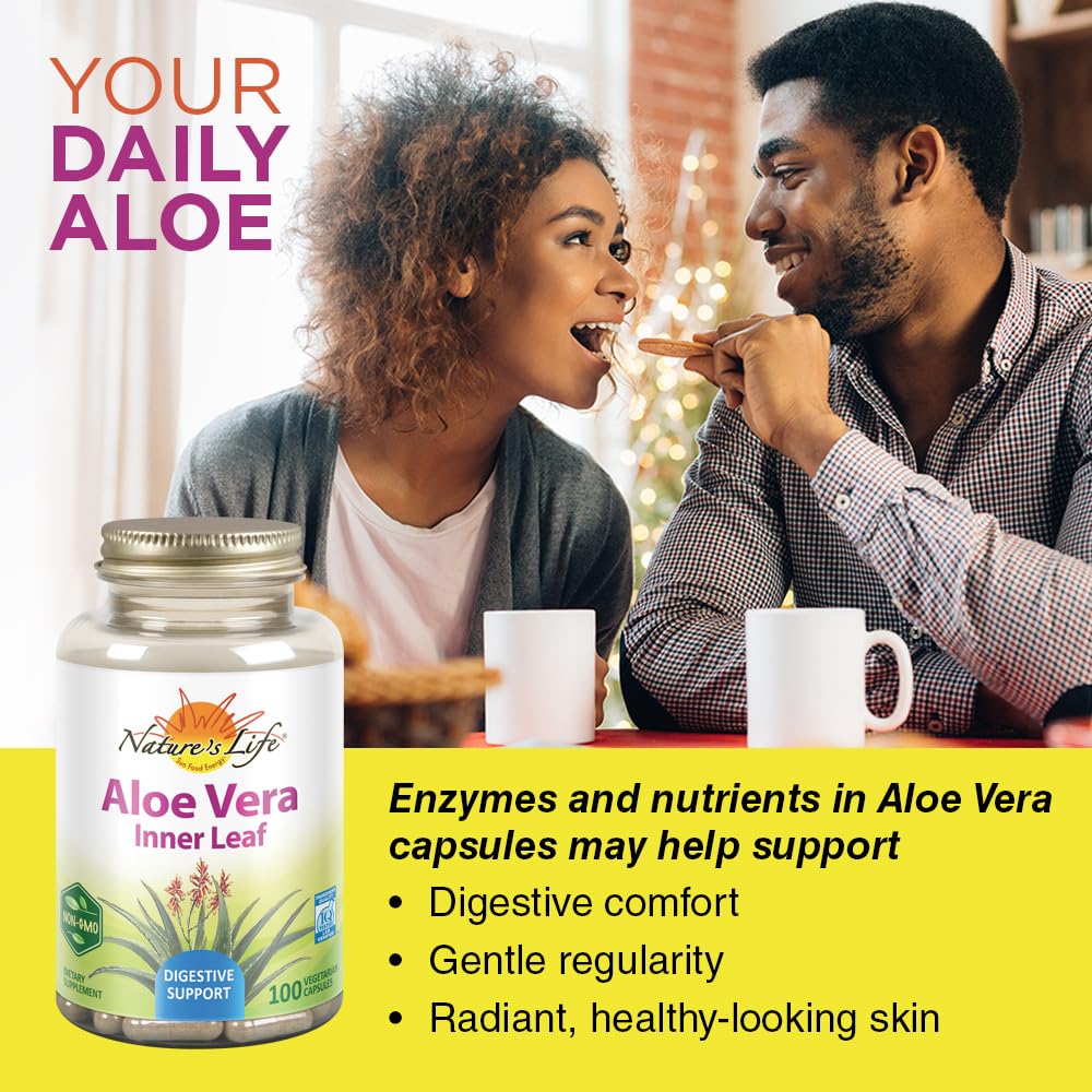 Nature's Life Aloe Vera Inner Leaf | Skin Health, Digestive Support & Regularity Formula | with Fennel | Non-GMO & Vegan | No Fillers | 100 Veg Caps