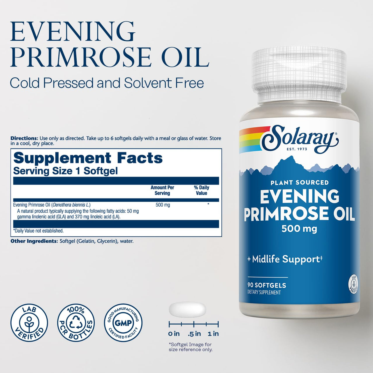 SOLARAY High Potency Evening Primrose Oil 500mg - Midlife Support - Source of Gamma Linolenic Acid and Linoleic Acid - No Solvents, Cold Pressed - 90 Servings, 90 Softgels