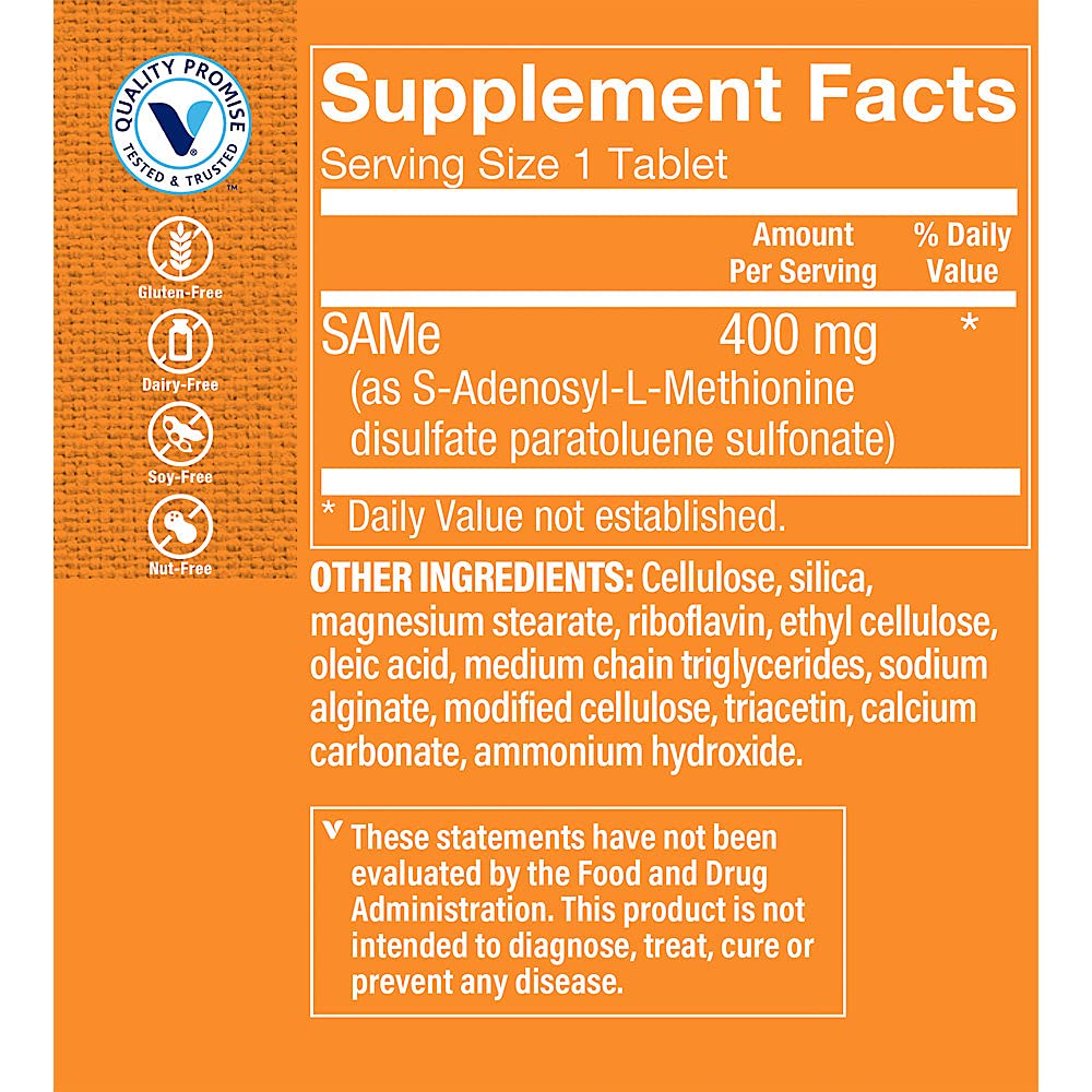 The Vitamin Shoppe SAM-e 400mg - Mood Joint & Liver Support | S-Adenosyl Methionine | 60 Enteric Coated Tablets | Pharmaceutical Grade