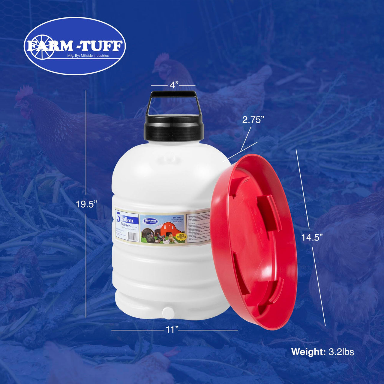 FARM-TUFF Hanging Chicken Waterer, 5 Gallon Capacity - Plastic Poultry Fountain with Top Fill Design - Automatic Water Dispenser for Chickens, Ducks, Turkeys & Game Birds