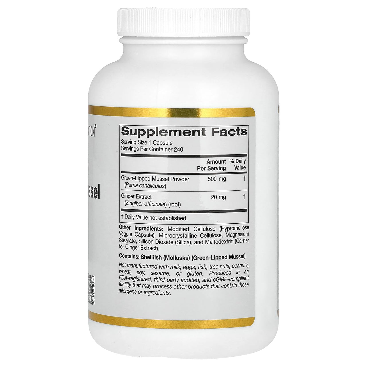 California Gold Nutrition New Zealand, Green-Lipped Mussel Plus Ginger, Joint Health Formula, 500 mg, 240 Veggie Caps