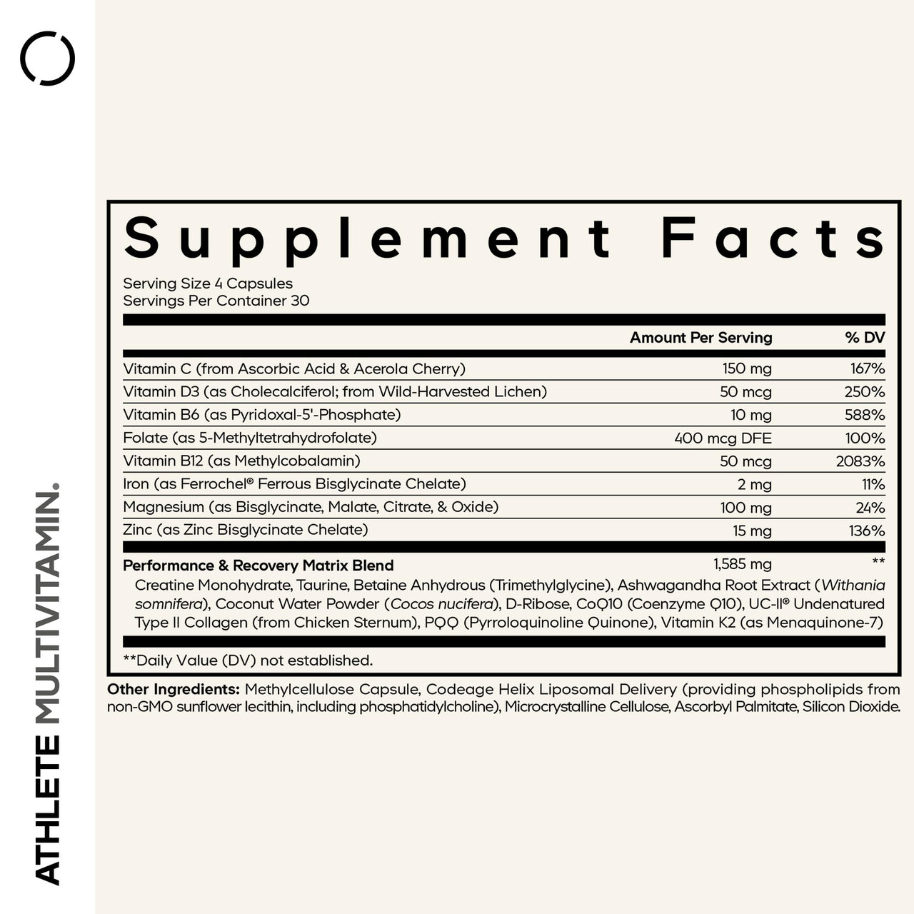 Codeage Athlete Multivitamin Platinum – Sports Supplement with Vitamins & Minerals, Folate, Iron & Magnesium, Creatine, Taurine, Electrolytes, CoQ10, PQQ, UC-II Collagen – Non-GMO – 120 Capsules