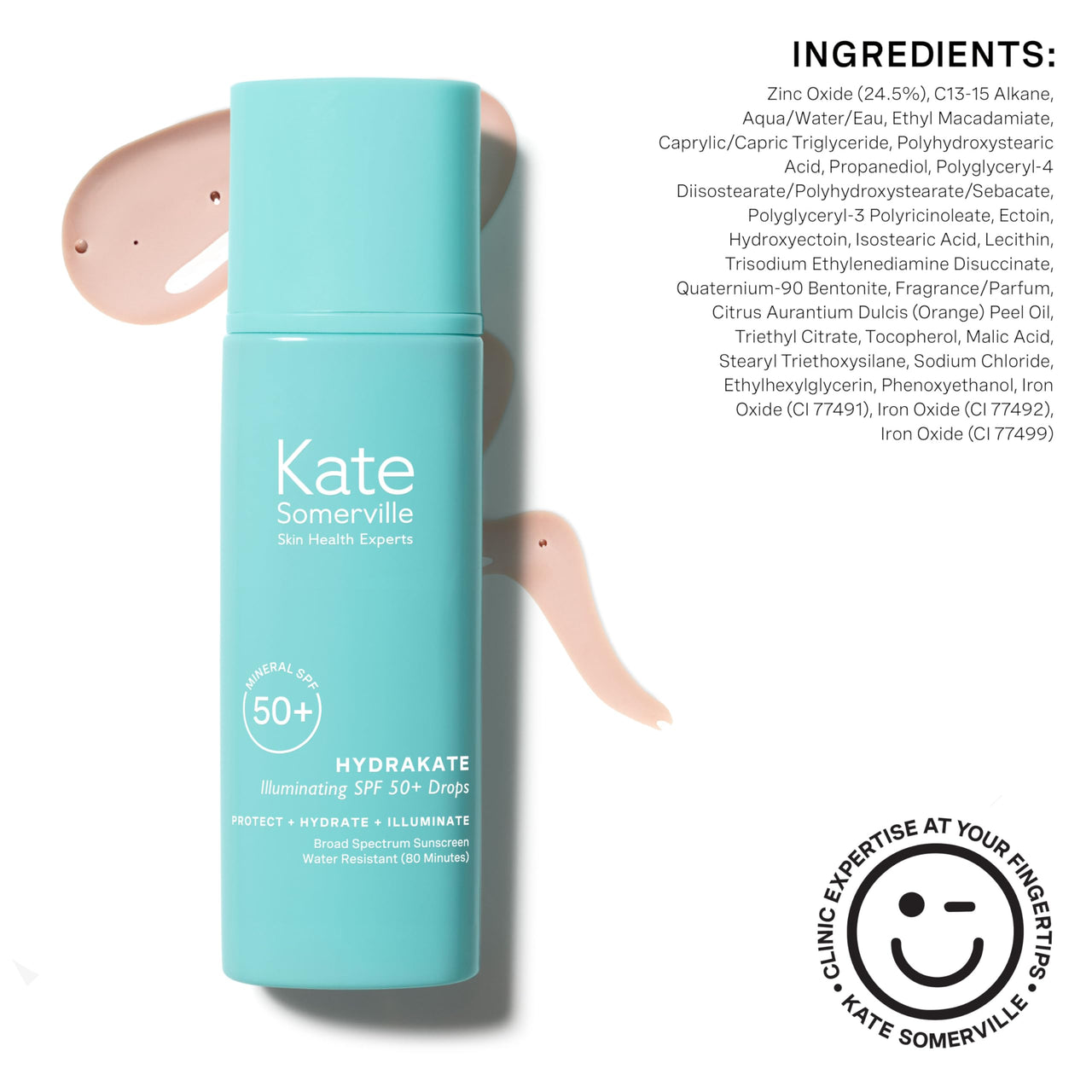 Kate Somerville HydraKate Illuminating Sunscreen Drops for face with 50+ SPF, Zinc Oxide and Mineral Tinted, Moisturizing and Anti-Aging, 1.7 Fl. Oz