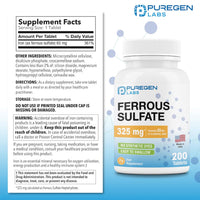 Thumbnail for Puregen Labs Ferrous Sulfate 325 mg (65 mg Elemental Iron) High Potency Iron Supplement | No Artificial Color Additives - 200 Tablets Made in USA
