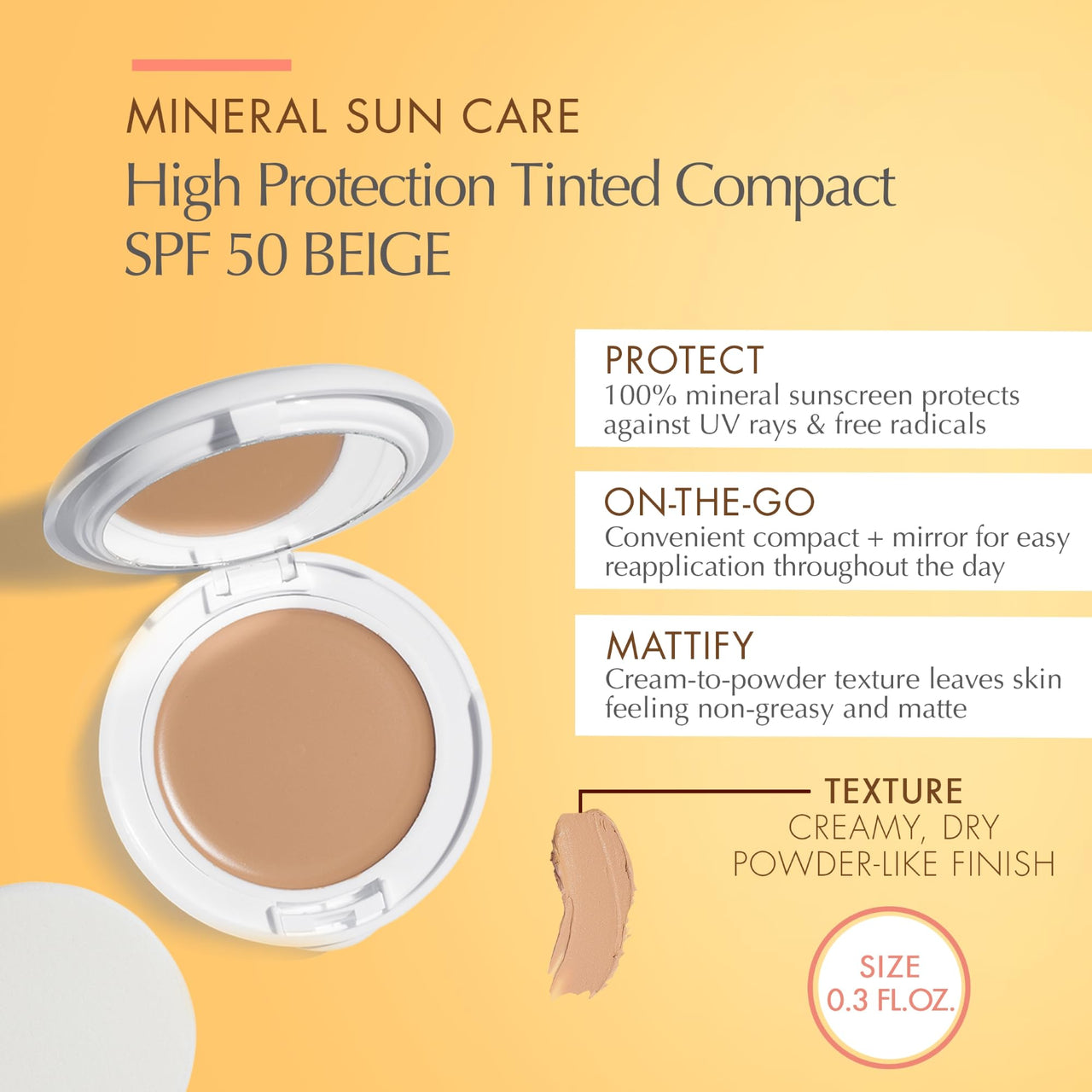 Avène High Protection Beige Tinted Compact, Broad Spectrum SPF 50+, UVA/UVB Blue Light Protection, Water Resistant, Non-Greasy, 0.35 Oz