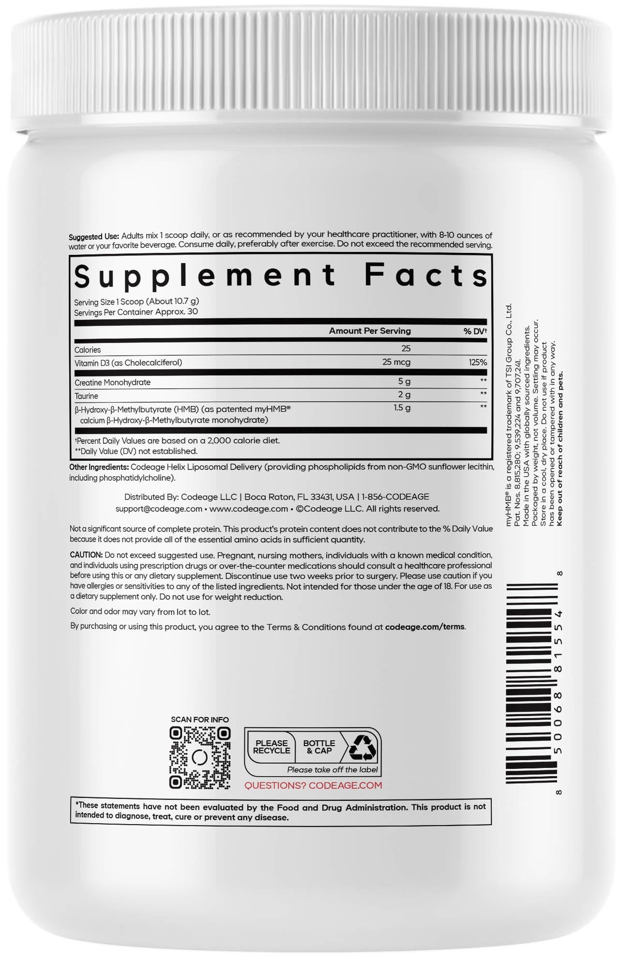 Codeage Creatine HMB+ Powder - Creatine Monohydrate, Taurine, myHMB Supplement, Vitamin D3 - Sports Support Supplement - Liposomal Delivery - Non-GMO, Unflavored - 11.32 oz