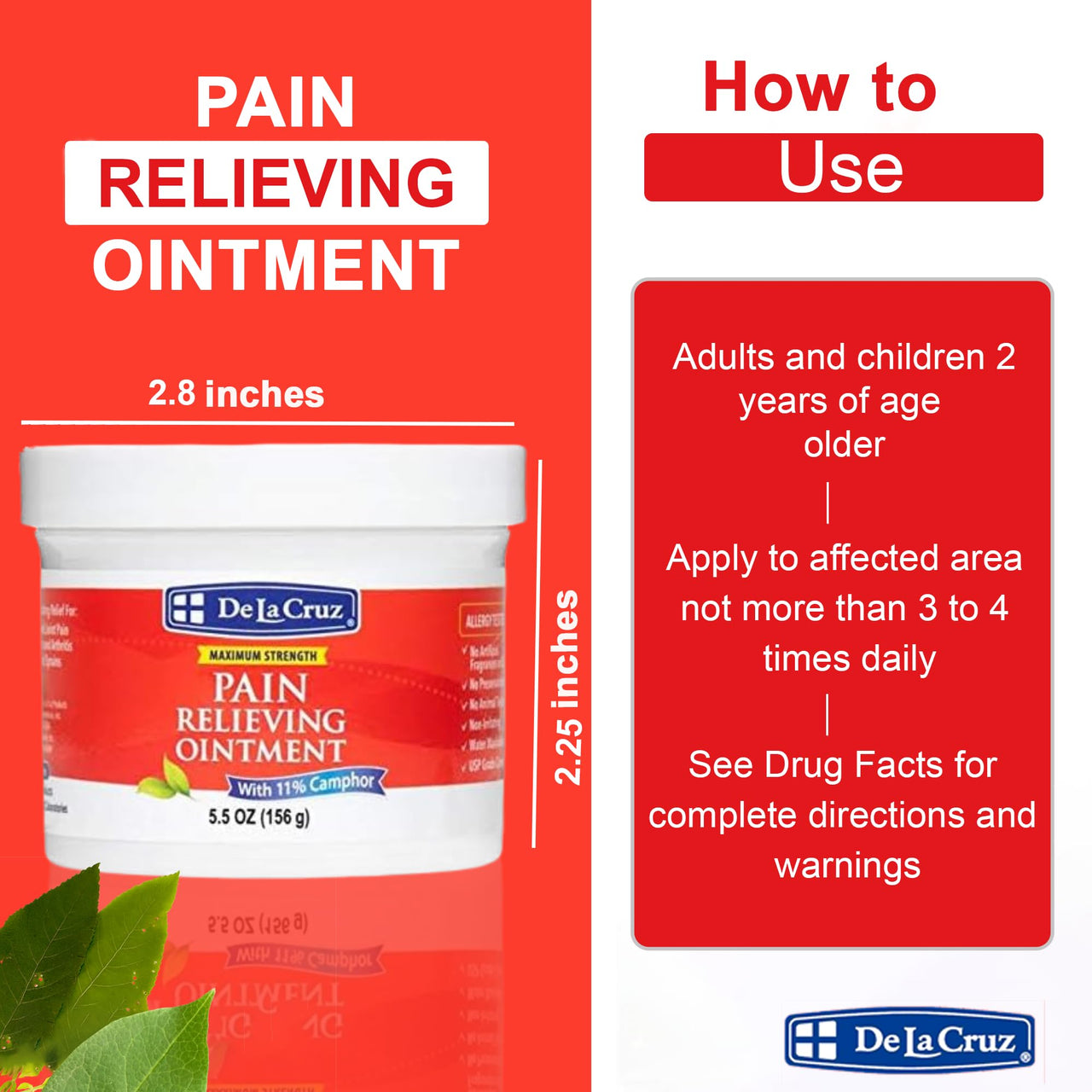 De La Cruz Maximum Strength Muscle & Joint Camphor Ointment 11% - Back Pain Relief Products, Arthritis Pain Reliever, Pain Relief Cream for Aches, Sprains & Bruises - 5.5 oz Jumbo Jar
