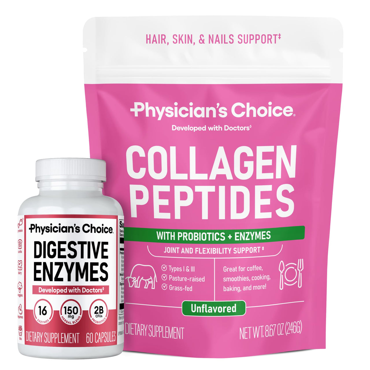 Physician's CHOICE - Full Gut Health Bundle: Collagen Peptides Powder + Digestive Enzymes 60ct for Digestive Comfort, Workout Recovery, & Skin, Nails, and Joint Support