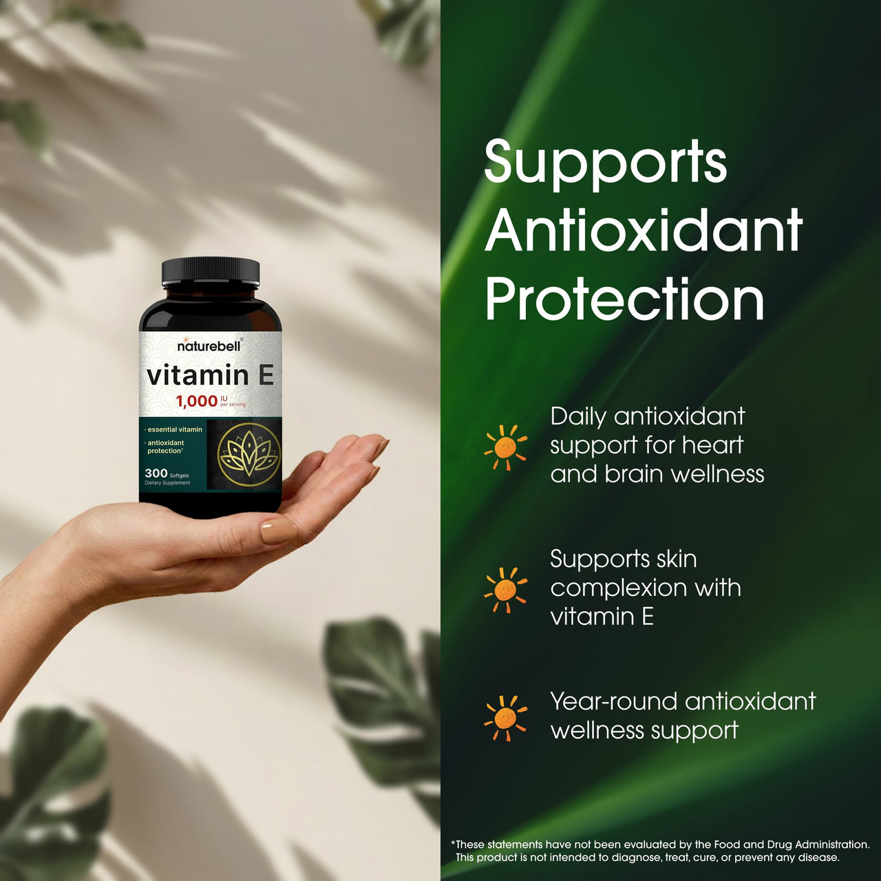 NatureBell Vitamin E 1,000 IU Per Serving - 300 Softgels - Antioxidant Supplement for Skin, Heart & Brain Health Support - High Bioavailability* - Gluten-Free & Non-GMO
