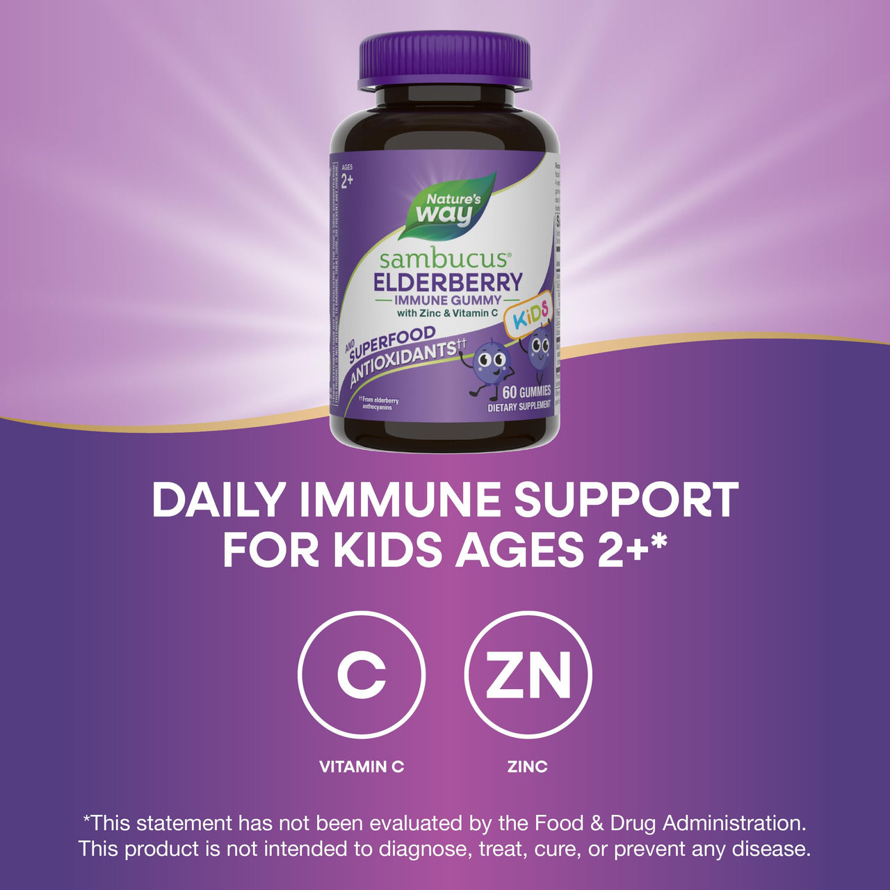Nature’s Way Sambucus Kids Elderberry Immune Gummies with Black Elderberry Extract, Daily Immune Support Gummy with Vitamin C and Zinc for Children Ages 2+*, 60 Gummies