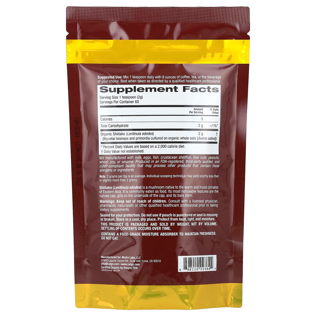 California Gold Nutrition Fungiology®, Certified Organic Shiitake Powder, 4.2 oz (120 g)