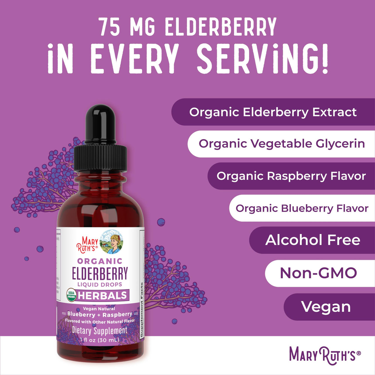 MARYRUTH'S Elderberry Liquid Drops for Adults & Kids | Immune Support | Antioxidant | Overall Wellness | Elder Berry Extract | USDA Organic | Sugar Free | Vegan | Non-GMO | Gluten Free | 1 Fl Oz