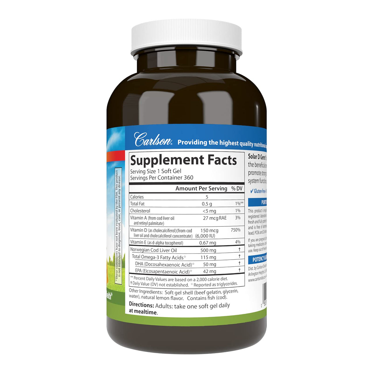 Carlson - Solar D Gems, Vitamin D3 and Omega-3 Supplement, 6000 IU (150 mcg) Vitamin D3, 115 mg Omega-3s EPA and DHA Supplement, Wild Caught, Sustainably Sourced, Lemon, 360 Softgels