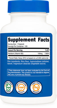 Thumbnail for Nutricost Vitamin B2 (Riboflavin) 100mg, 120 Capsules - Gluten Free and Non-GMO