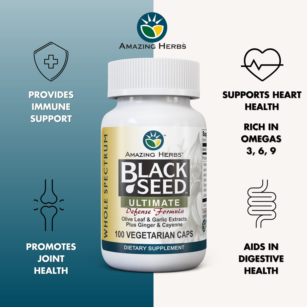 Amazing Herbs Whole Spectrum Black Seed Ultimate, Vegetarian Capsules - Olive Leaf & Garlic Extracts Plus Ginger & Cayenne, Gluten Free, Non GMO, Vegan - 100 Count
