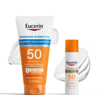 Thumbnail for Eucerin Sun Advanced Hydration SPF 50 Sunscreen Lotion (5 Fl Oz) + Age Defense Face Sunscreen Lotion SPF 50 (2.5 Fl Oz), Hypoallergenic and Lightweight Sun Protection with Hyaluronic Acid