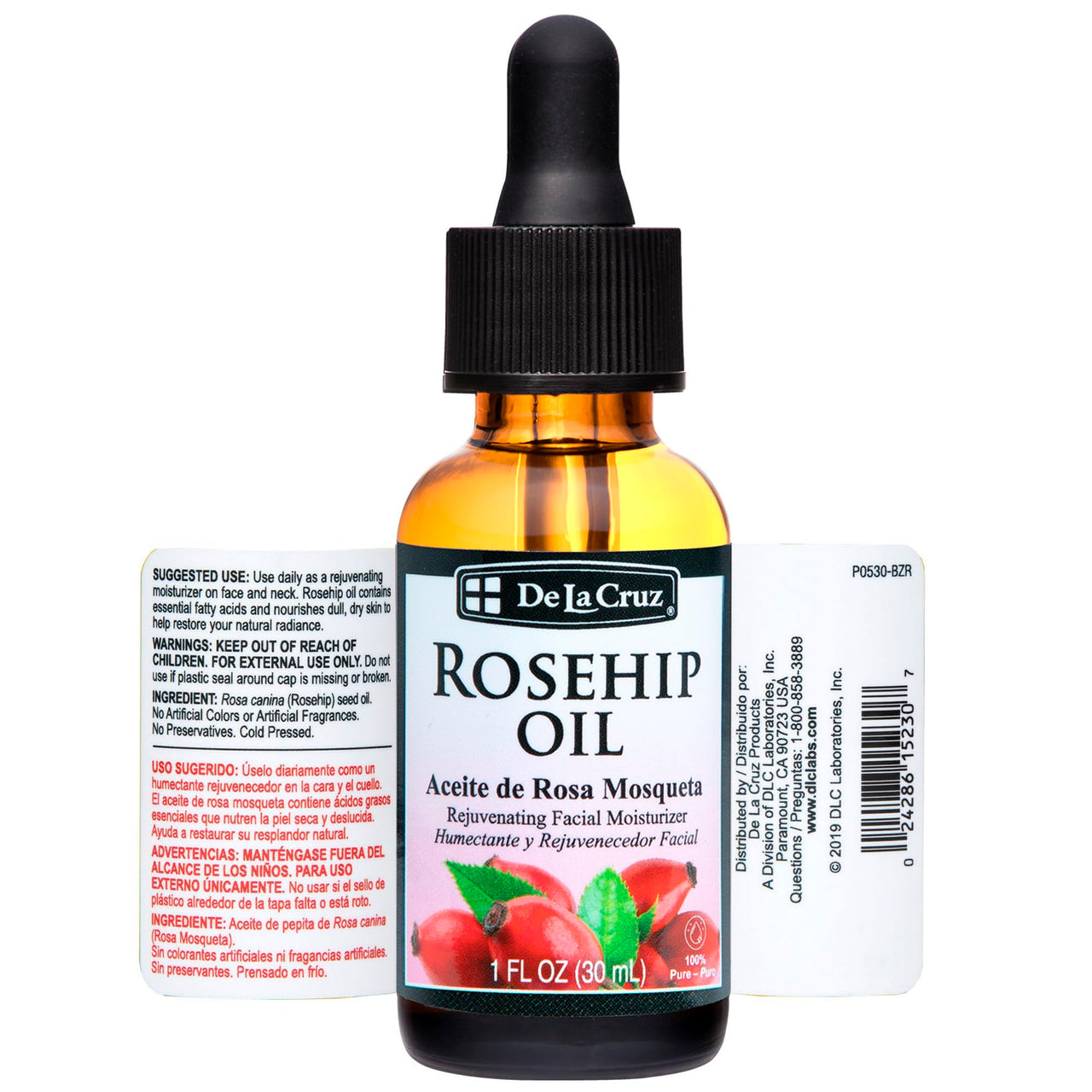 De La Cruz Rosehip Oil, 100% Pure Unrefined Cold-Pressed Chilean Rosehip Seed Oil, Moisturizer To Reduce Fine Lines, Wrinkles 1Fl Oz
