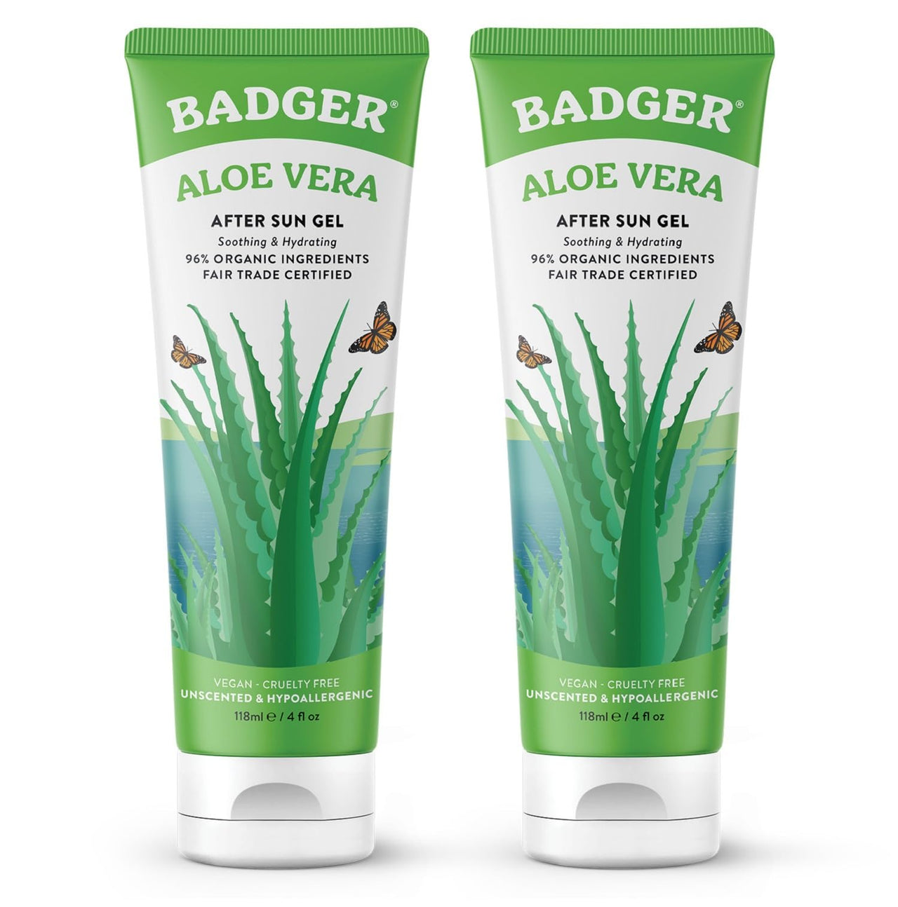 Badger Organic Aloe Vera Gel for Face & Body, 96% Pure Unscented Organic Aloe Gel for Cooling, Soothing, Non-Sticky Sunburn Relief, Vegan, Fair Trade & Hypoallergenic, 4 fl oz, 2-Pack