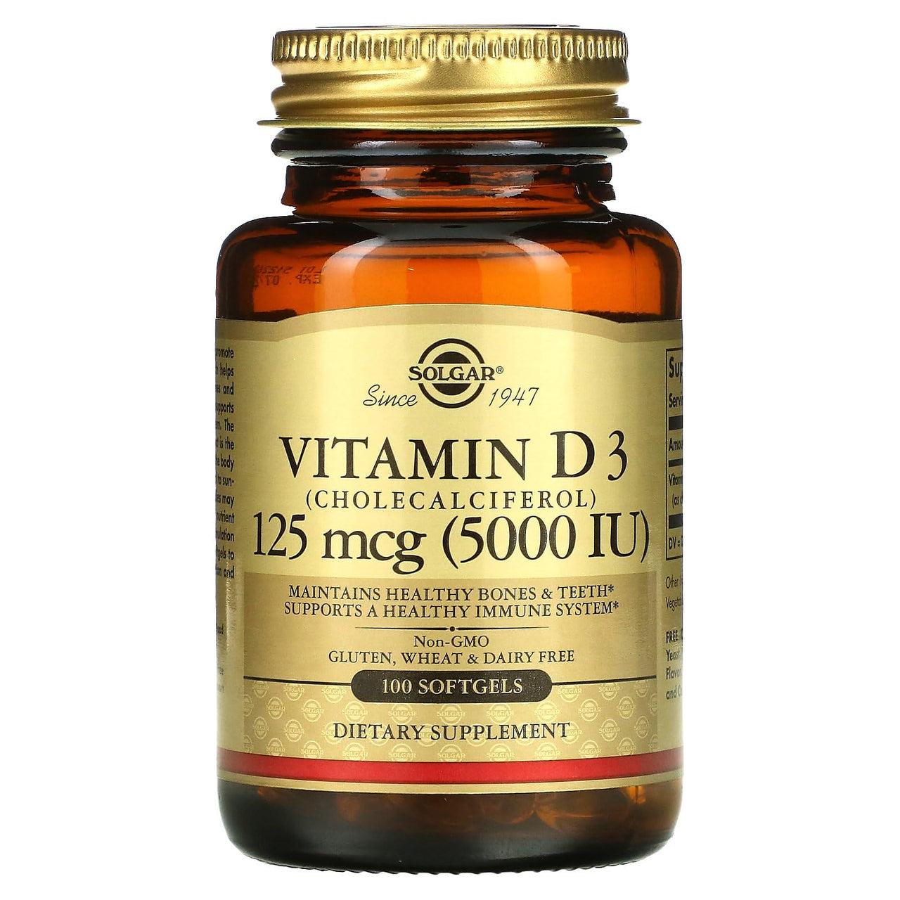 Solgar Vitamin D3 (Cholecalciferol) 125 MCG (5000 IU), 100 Softgels - Helps Maintain Healthy Bones & Teeth - Immune System Support - Non GMO, Gluten-Free, Dairy Free - 100 Servings