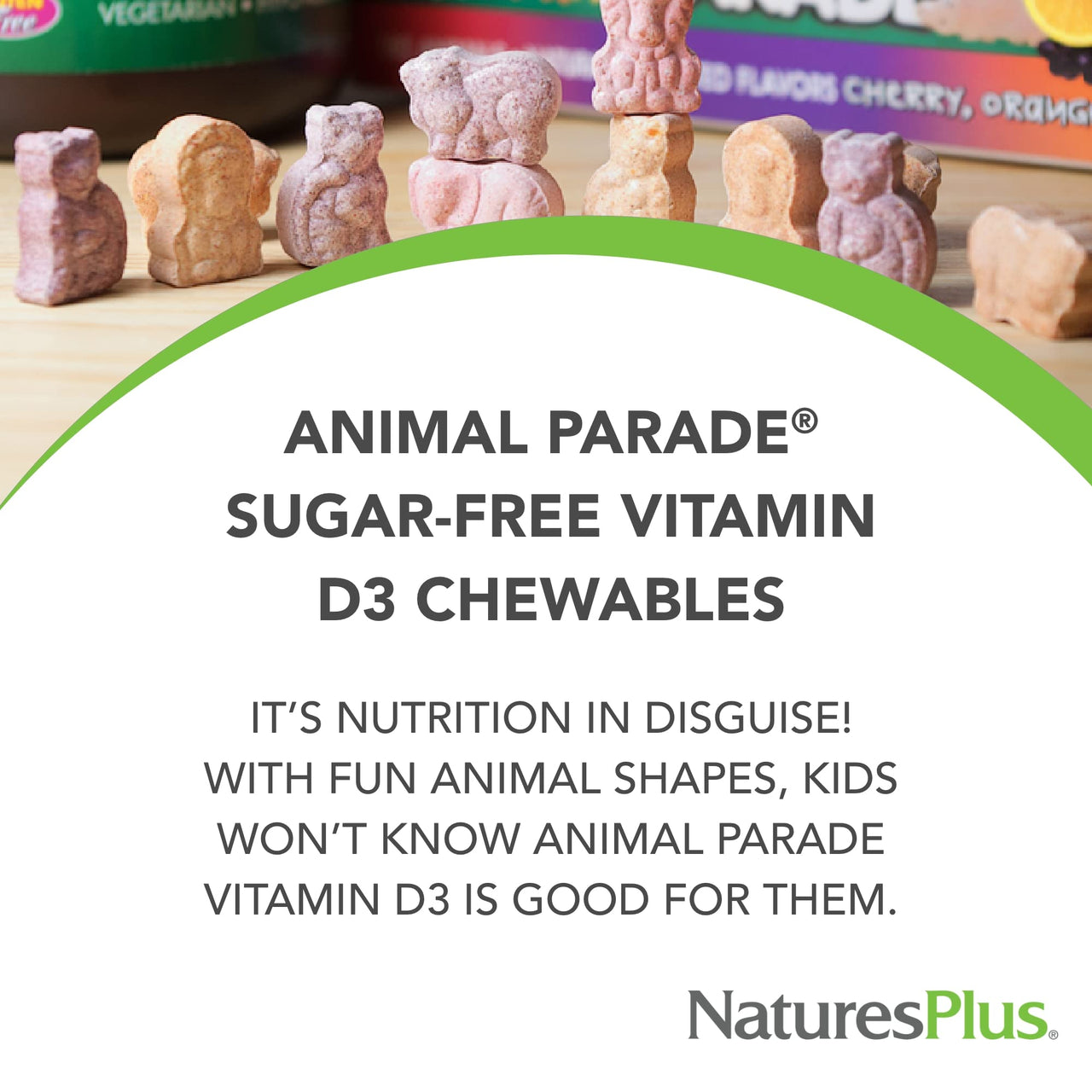 Natures Plus Animal Parade Sugar-Free Children's Vitamin D3 - 500 IU - Black Cherry Flavor - 90 Chewable Animal Shaped Tablets - Bone Health & Immune System Support - 90 Servings