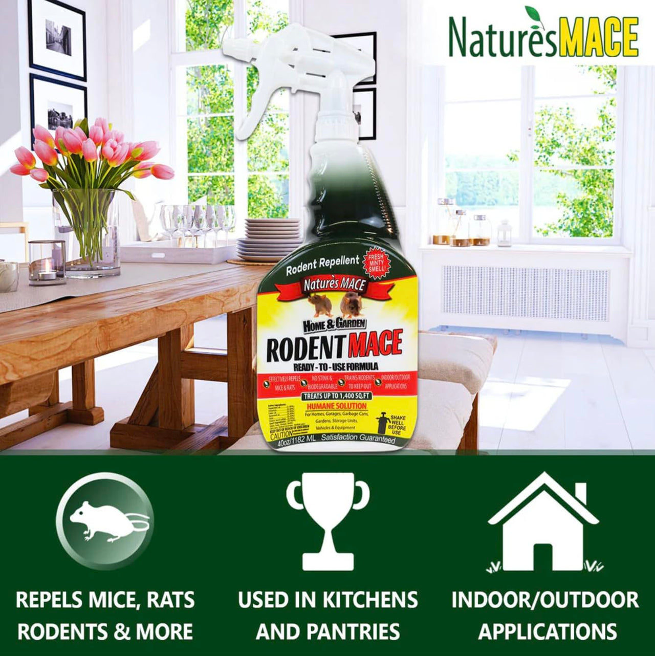 Nature's Mace Rodent Repellent Spray, Keep Mice Out, Mouse Deterrent, Indoor, Outdoor, 40 Ounce Ready-to-Use, Safe to Use Around People, Pets, Plants