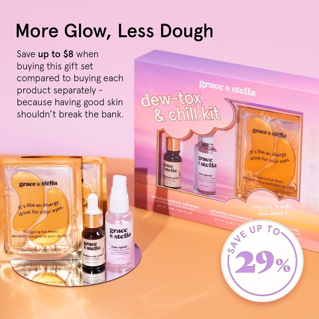 grace & stella Award-Winning Skin Care Set - Gifts for Women - Travel Essentials with Gold Eye Masks, Hyaluronic Acid Serum & Rose Spray, Beauty Gift Set - Birthday & Bachelorette Favors
