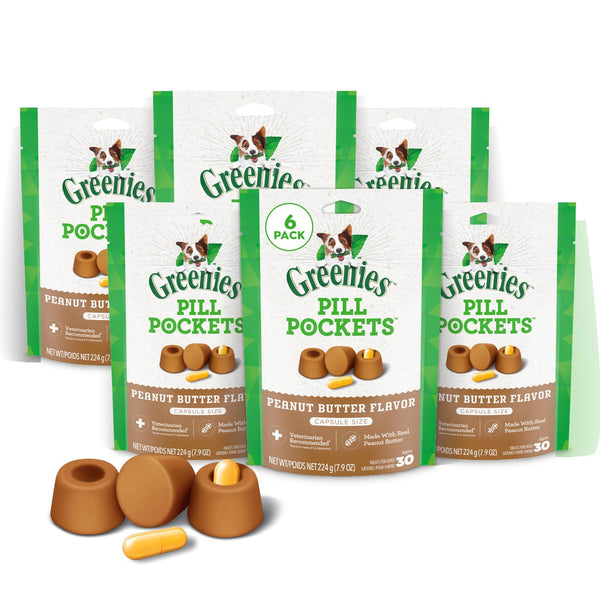 Greenies Pill Pockets for Dogs Large Size, Dog Treat Pouch for Capsule Medication, Peanut Butter Flavor, (6) 7.9 oz. Pouches