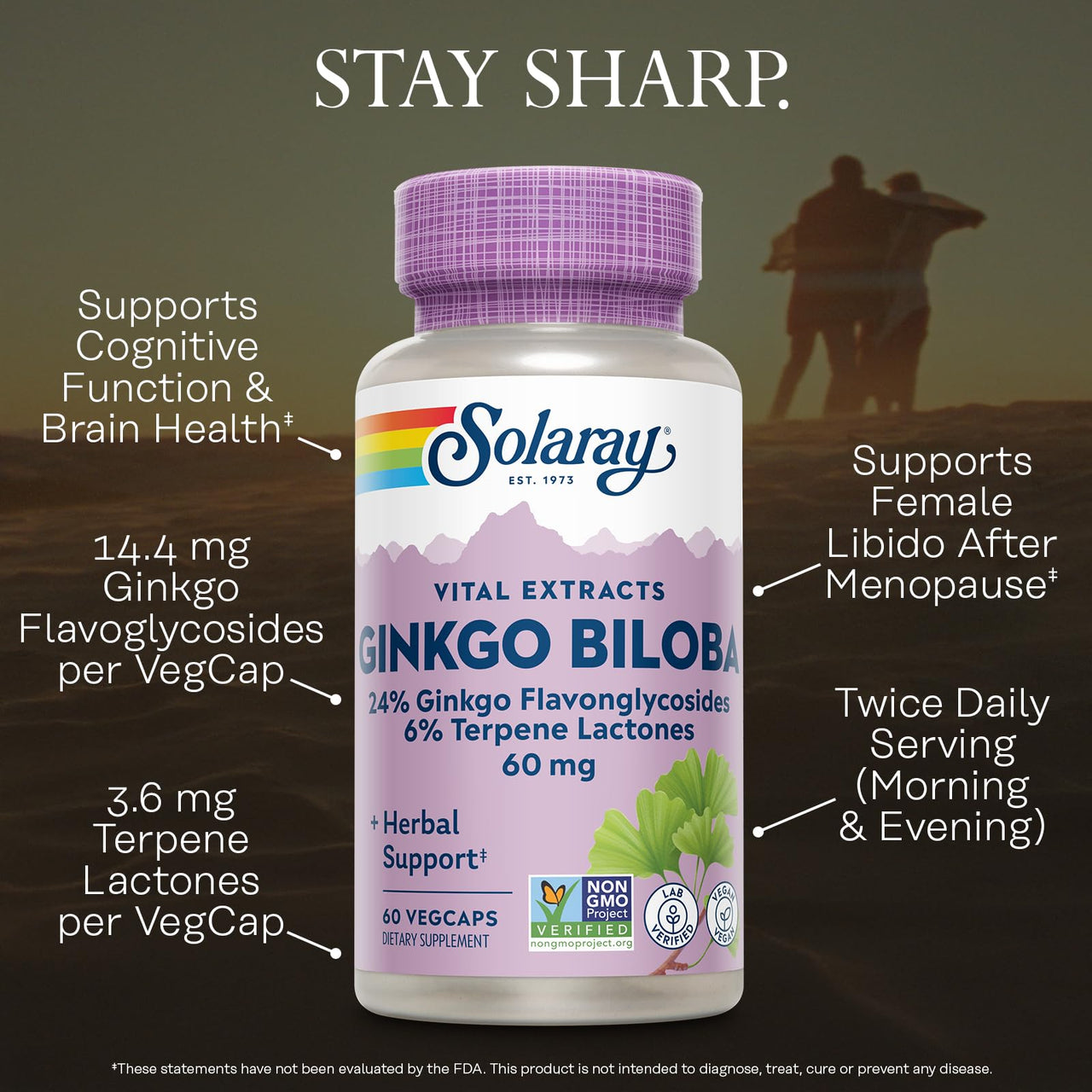SOLARAY Ginkgo Biloba Extract, Vital Extracts - Brain Supplement - Ginkgo Biloba Capsules for Brain Health and Female Libido Support - Non GMO, Vegan, Gluten Free, 60-Day Guarantee - 60 Servings