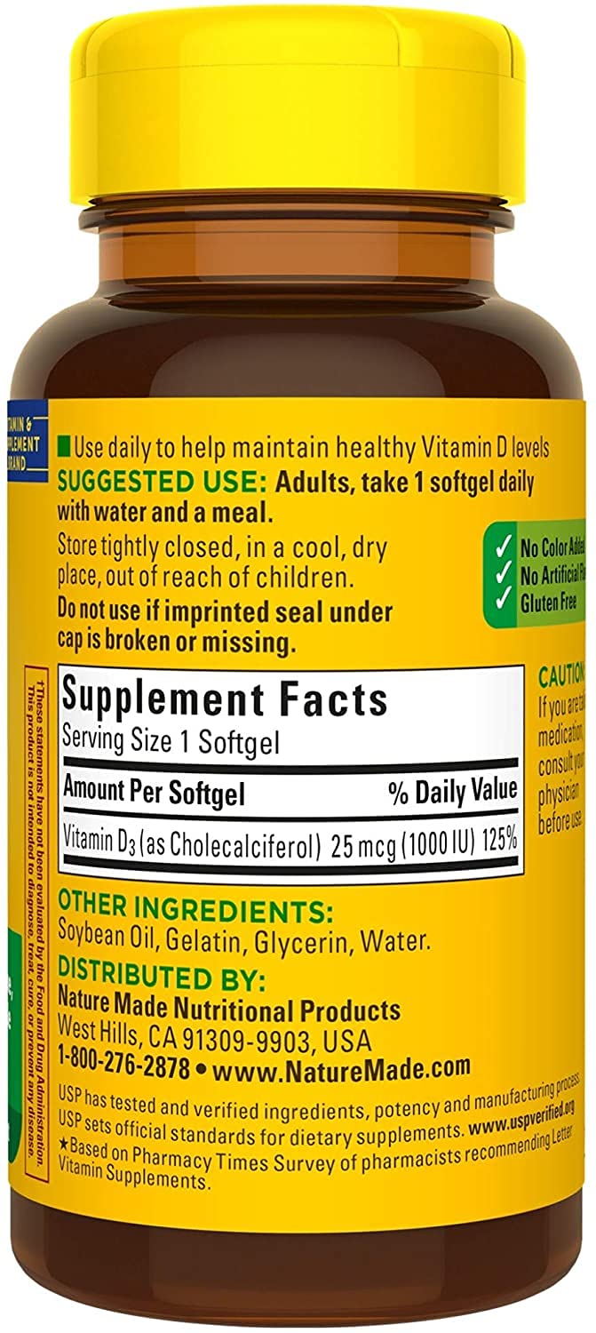 Nature Made Vitamin D3 1000 IU Supplement Liquid Softgels, 100 Count, (Pack of, 2)