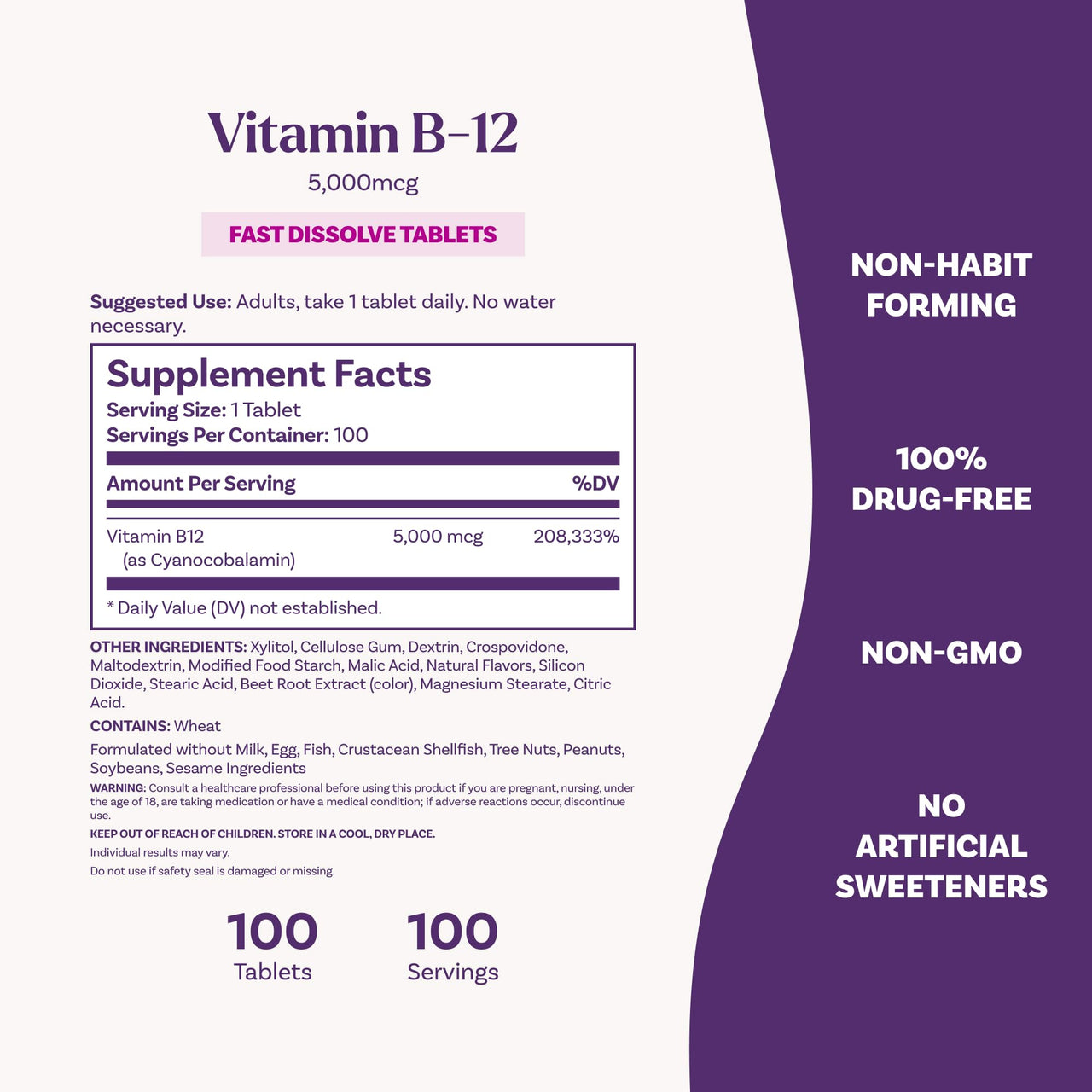Natrol Vitamin B12 5,000 mcg, Fast Dissolve Vitamin B12 Supplement Supports a Healthy Nervous System and Energy Metabolism, 100 Tablets, Up to a 100 Day Supply