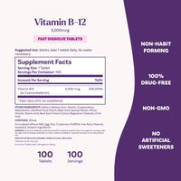 Thumbnail for Natrol Vitamin B12 5,000 mcg, Fast Dissolve Vitamin B12 Supplement Supports a Healthy Nervous System and Energy Metabolism, 100 Tablets, Up to a 100 Day Supply