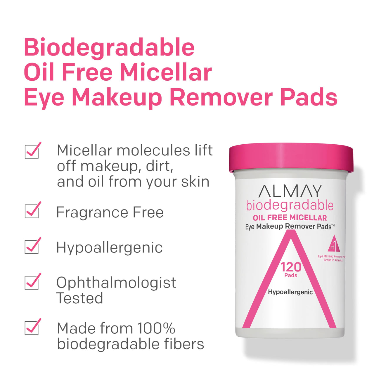 Almay Biodegradable Makeup Remover Pads, Micellar Gentle, Hypoallergenic, Fragrance-Free, Dermatologist & Ophthalmologist Tested, 120 Count